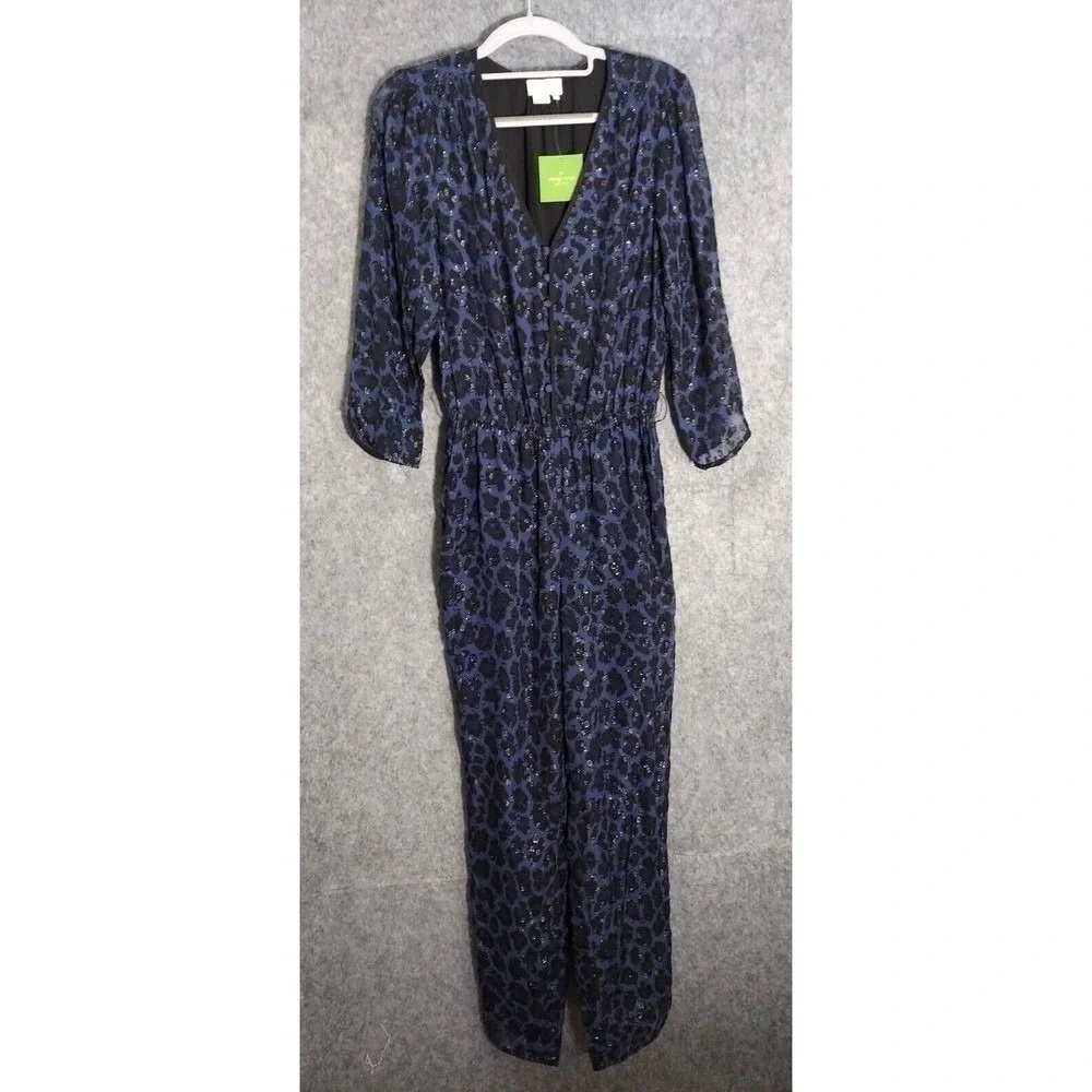 Kate Spade Jumpsuit Women 0 Navy‎ Silk Leopard Swiss Dot Metallic Retro Party